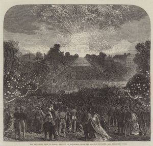 La fiesta del emperador en París, exhibición de fuegos artificiales desde el Arco de Triunfo de Sir John Charles Robinson